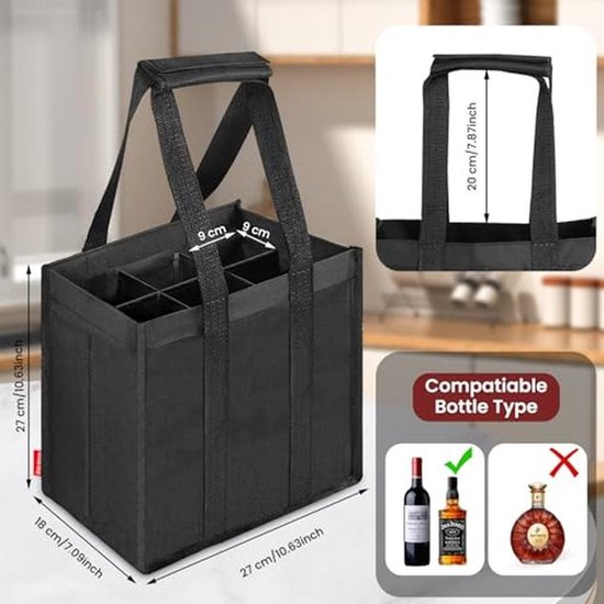 Flessentas met 6/9 Compartimenten, Opvouwbare Draagtas voor Flessen, Handtas voor Mannen, Diverse Indelingen voor Waterflessen, Wijn, Bier en Champagne - Zwart — afbeelding 4