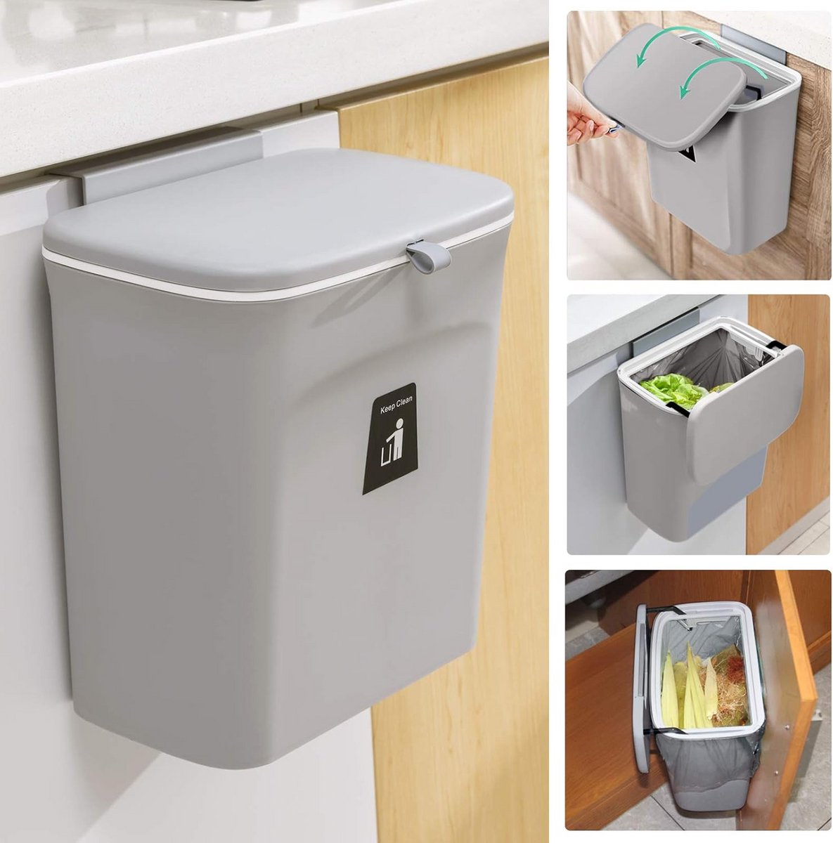 2,4 Gallon Keuken Compostbak voor Aanrecht of Onder Gootsteen - Hangende Prullenbak met Deksel voor Binnen