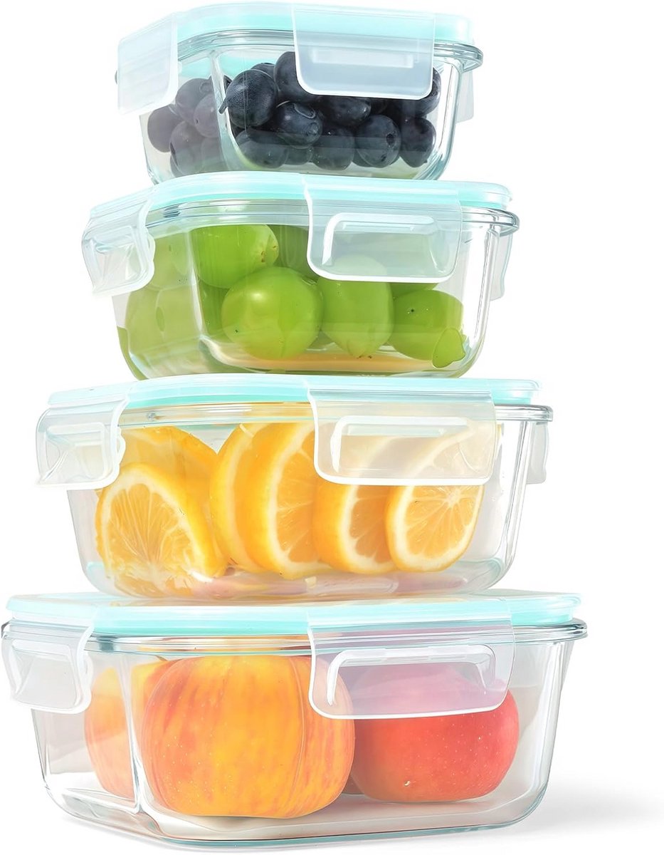 Meal Prep Boxen - Glazen Voedselcontainers, Vaatwasmachinebestendig, Magnetron- en Vriezervriendelijk, Lichtgroen, Set van 320, 520, 800, 1200 ml