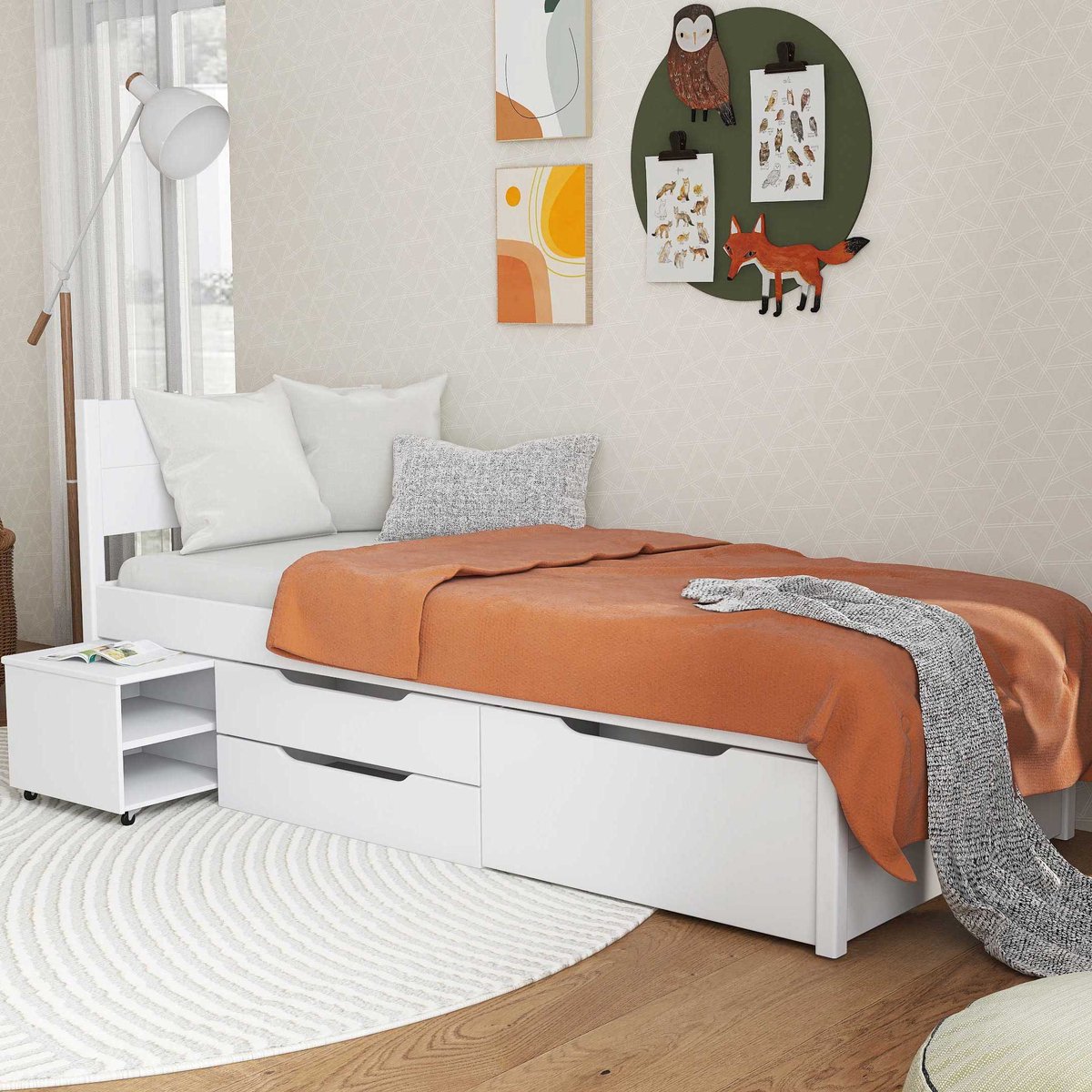 interlink - Efetivo eenpersoonsbed met opberglade – 90×200 cm – massief grenen – wit gelakt