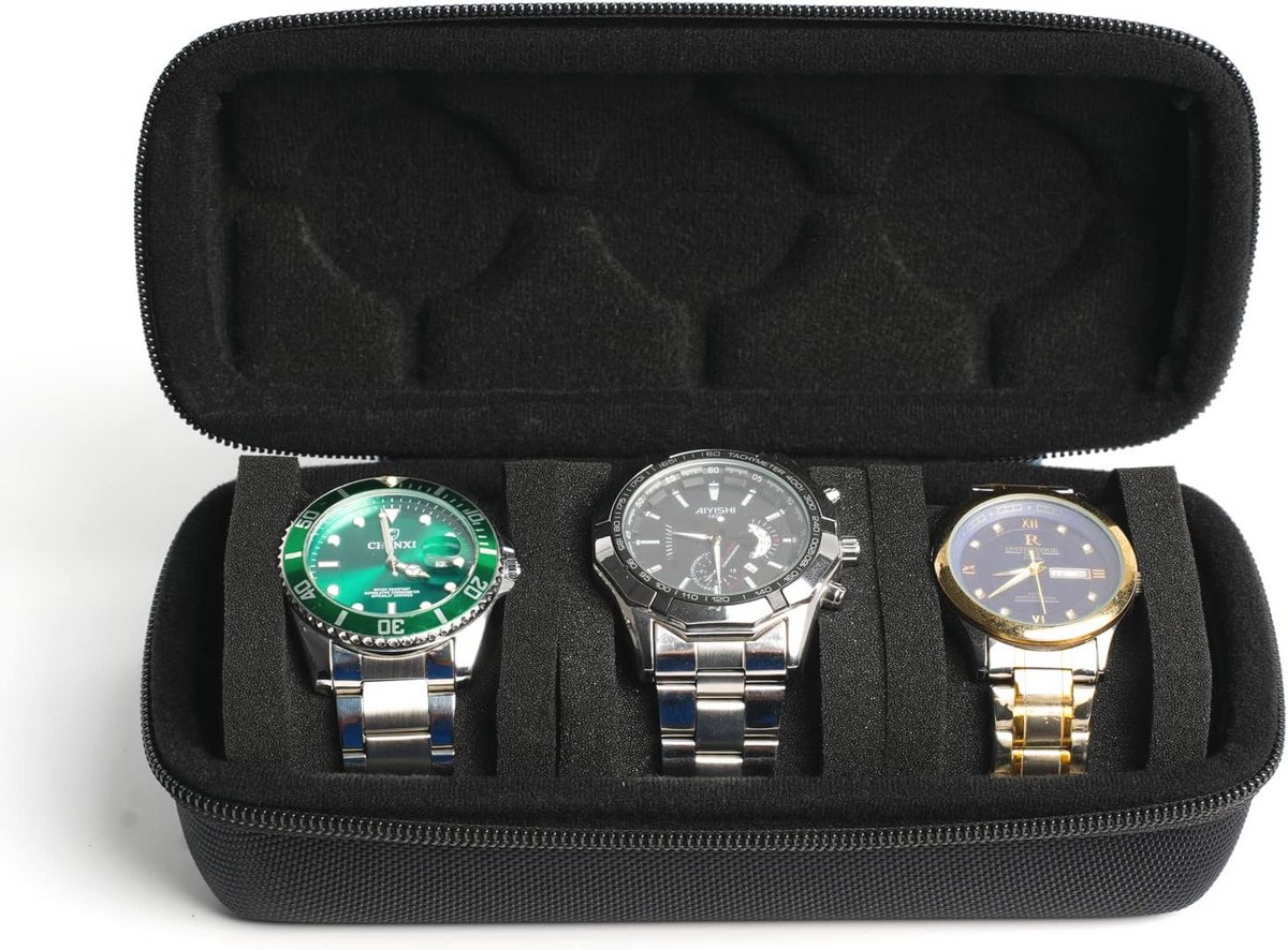 Opbergdoos voor 3 horloges met harde schaal en zachte schuimkussens tot 60 mm