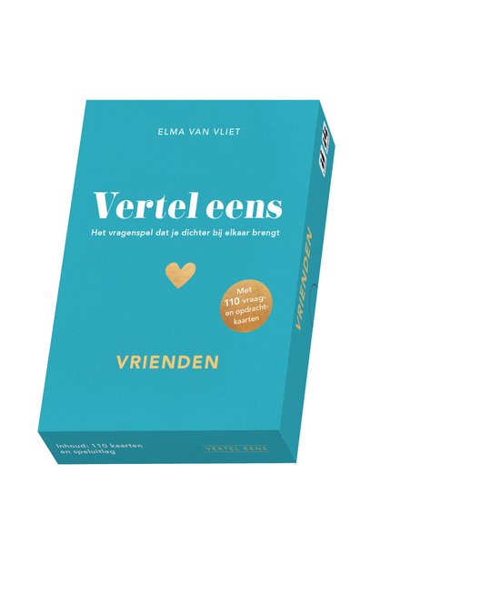 Turquoise spel 'Vertel eens - Vrienden' met gouden hartje en tekst 'Met 110 vraag- en opdrachtkaarten'.