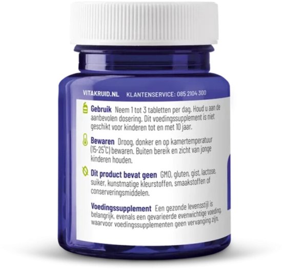 Achterkant van de Vitakruid pot met vitamine D3 & K2: informatie over gebruik, bewaren en ingrediënten.