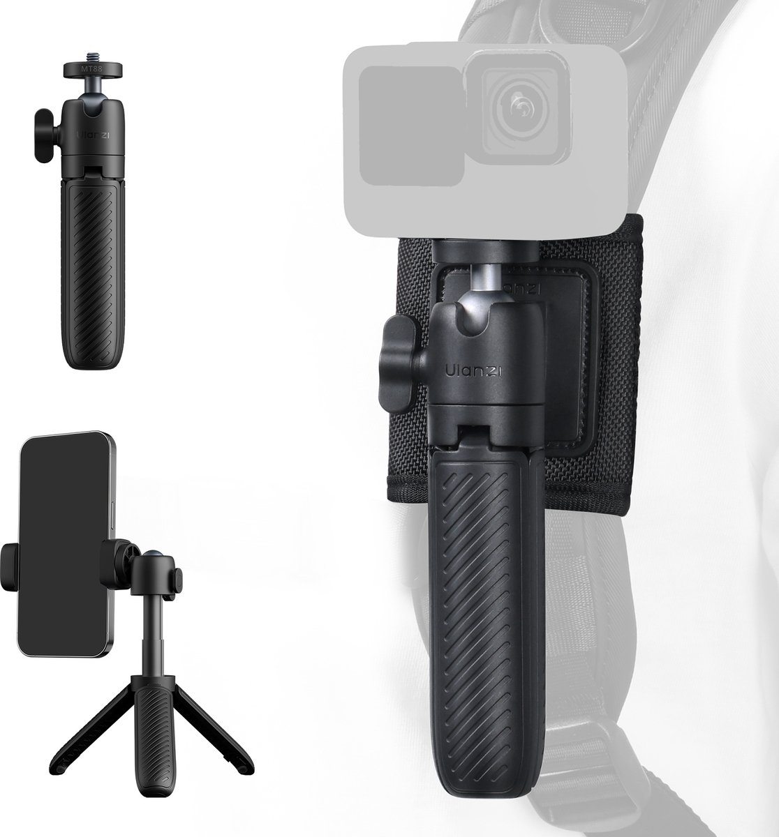 Ulanzi MT88 ClipMate Selfiestick Statief met Backpack-mount - Voor Smartphone & Actioncam - ABS & Aluminium - Zwart
