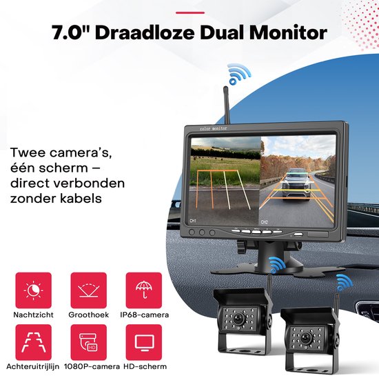 Boscer Achteruitrijcamera set Pro - Draadloos - 7 Inch HD Scherm (1024×600) - Dual 1080P Camera's - IP68 Waterdicht - BSD Dodehoek Detectie - Nachtzicht - Geschikt voor Auto, Bus, Camper, Caravan, Vrachtwagen & Landbouw van Merkloos — afbeelding 2