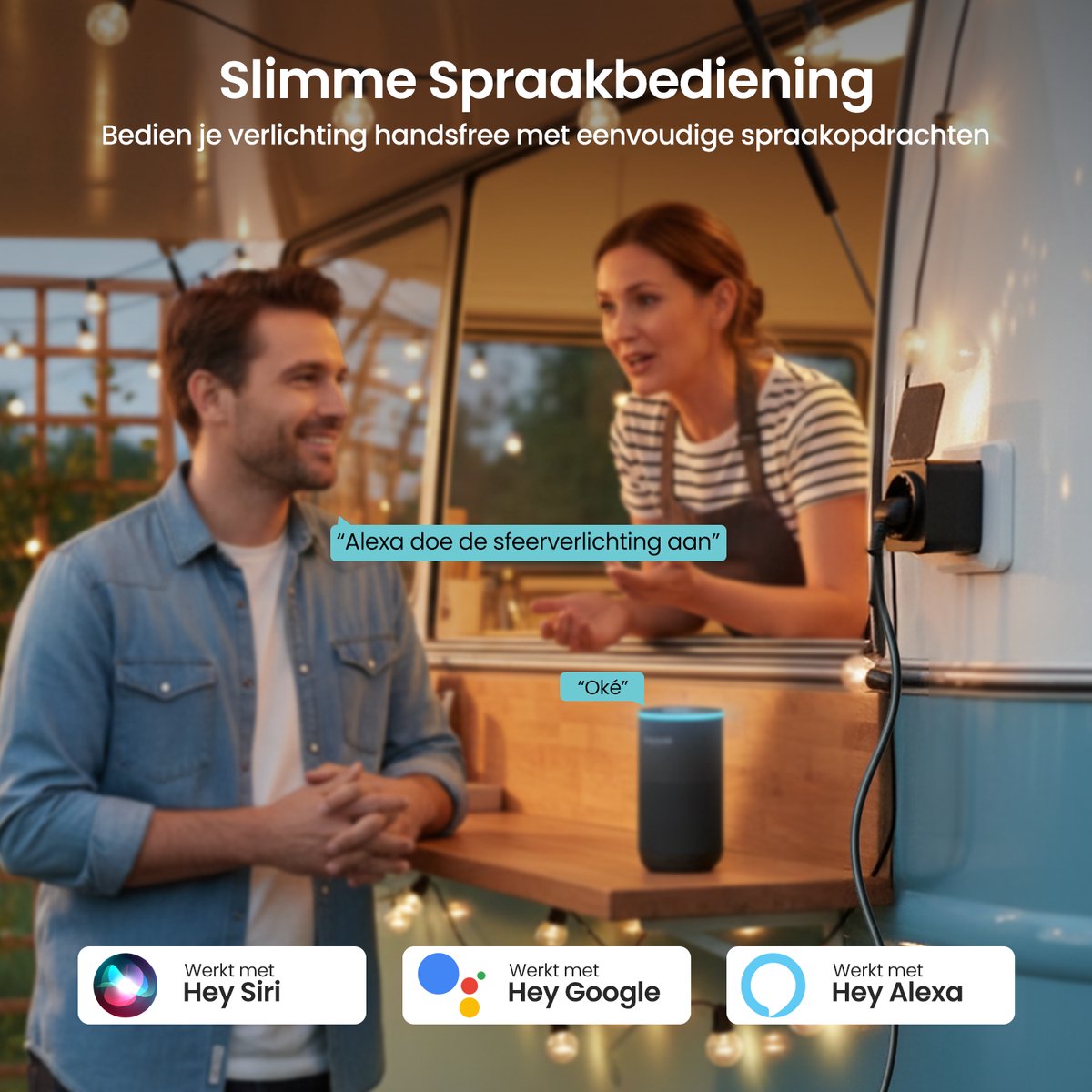 Slimme stekker buiten IP44 met timer en energiemonitor, wifi smart plug, Google Home en Alexa bediening zwart - Afbeelding 5