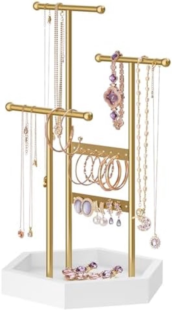 PromoHome Sieradenboom met Houten Basis - Elegante Juwelenhouder voor Kettingen en Armbanden "Goud"
