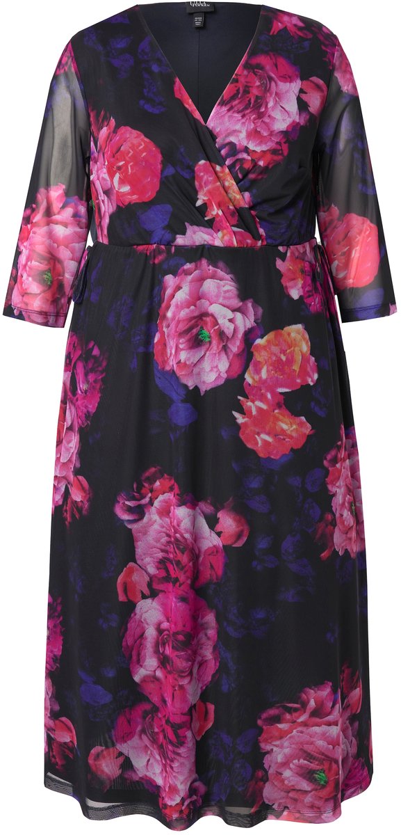 Ulla Popken Dames - Mesh maxi-jurk bloemen V-hals halve kapmouwen - Marine - Maat 50+
