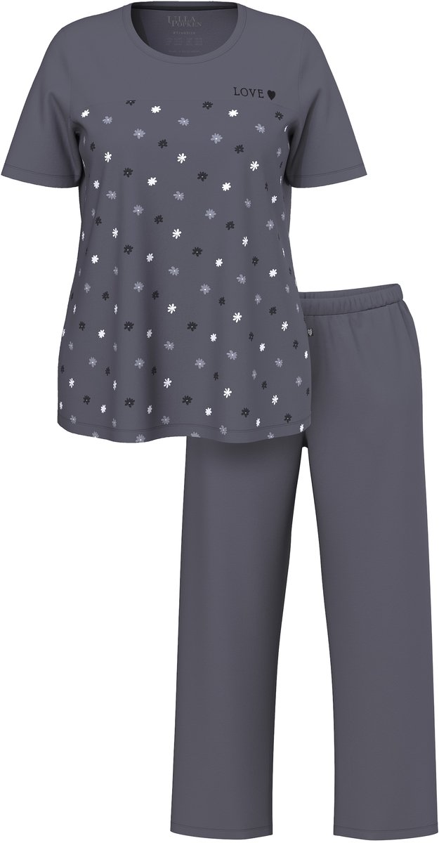 Ulla Popken Dames - Pyjama bloemen borduursel ronde hals korte mouw - Donkergrijs - Maat 46+