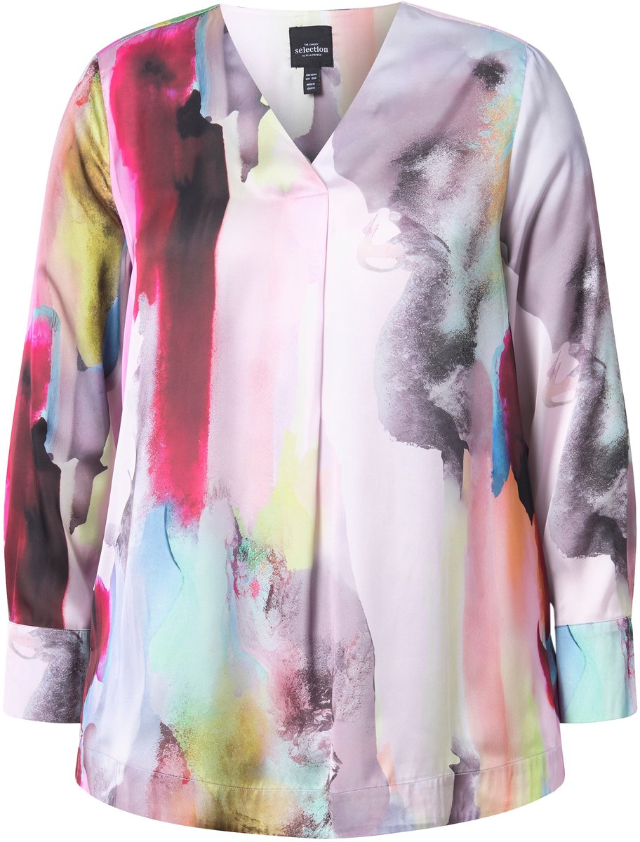 Ulla Popken - Dames - Zijden tuniek aquareldesign V-hals lange mouw - Zwart - Maat 58+