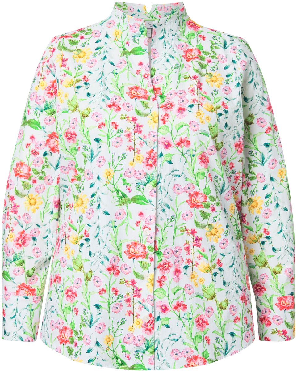 Ulla Popken - Dames - Blouse bloemen gobletkraag V-hals lange mouw - Off-white - Maat 58+