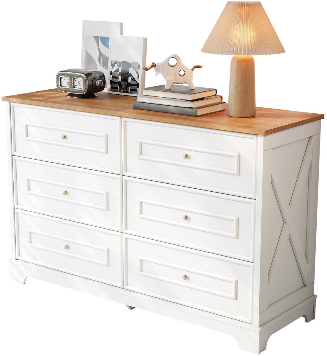 Merax Dressoir Met 6 Lades 120 X 40 X 76 Cm - Opbergkast Met Grote Bovenplaat - Wit Met Houtlook Bovenblad - Kast Voor Woonkamer, Eetkamer En Hal