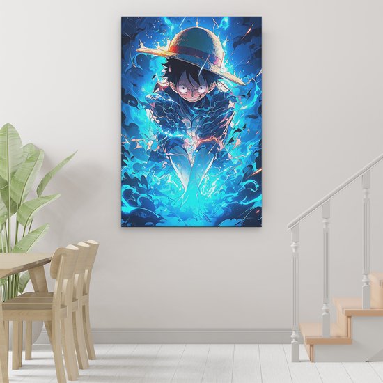 Tableau Artaza Monkey D. Luffy en Gear 5 - Entouré d'Énergie Bleue et de Flammes - 80x120 cm - Grand - Décoration Murale Salon - Tableaux - Décoration Murale