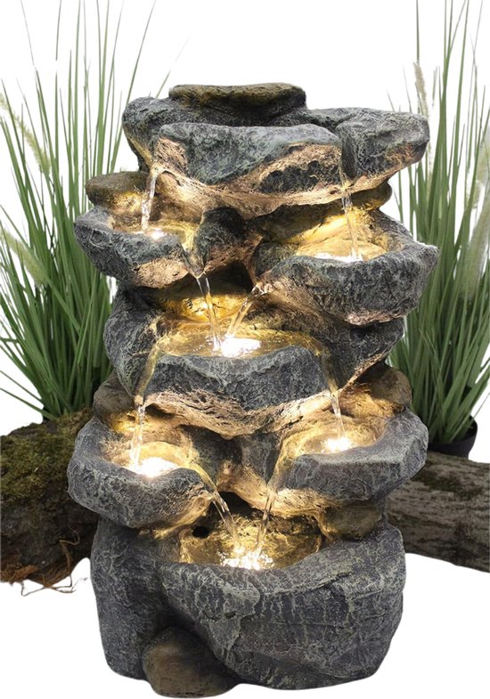 Quvo® Waterornamenten Voor Buiten – Waterval – Waterfontein Met Verlichting - Water Fontein Tuin – Tuindecoratie Voor Binnen En Buiten - Vogelbad - Veelkleurig - 24cm x 31cm x 49cm