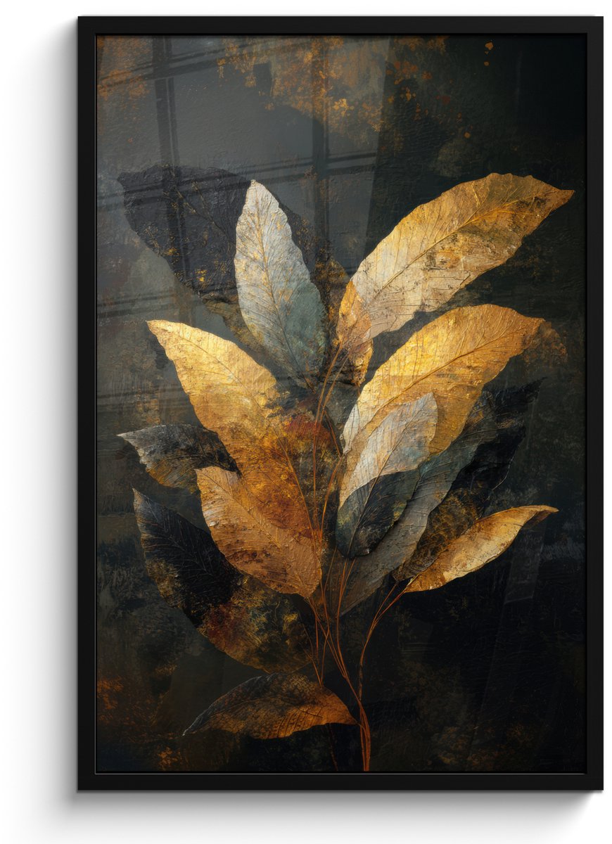 FrameYourWall Poster in lijst - Fotolijst 60x90 cm - Posters - Gouden Bladcompositie – Botanische Luxe - Posterlijst zwart - Decoratie - Wanddecoratie woonkamer - Muurdecoratie slaapkamer Bladeren - Goud - Luxe