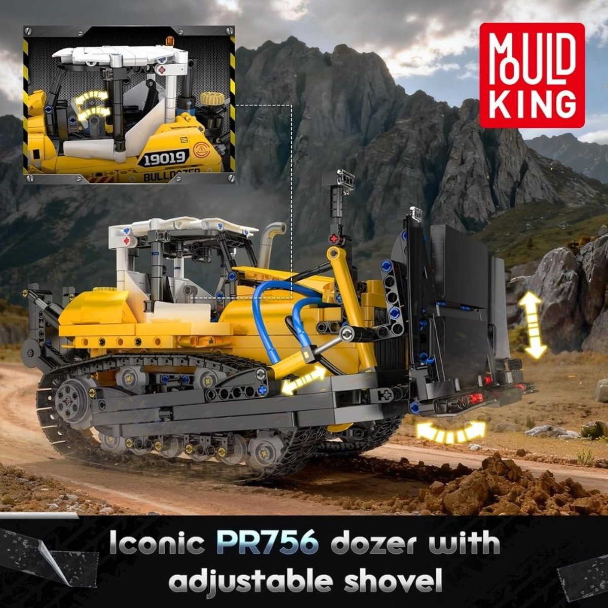 Mould King 19019 PR756 Bulldozer bouwset | Creator technische auto modelbouw | Educatief classic constructie speelgoed bouwpakketten voor kinderen & volwassenen | Hydropomp niet geschikt voor Lego technic | Bouwdoos met 1200 bouwstenen — afbeelding 5