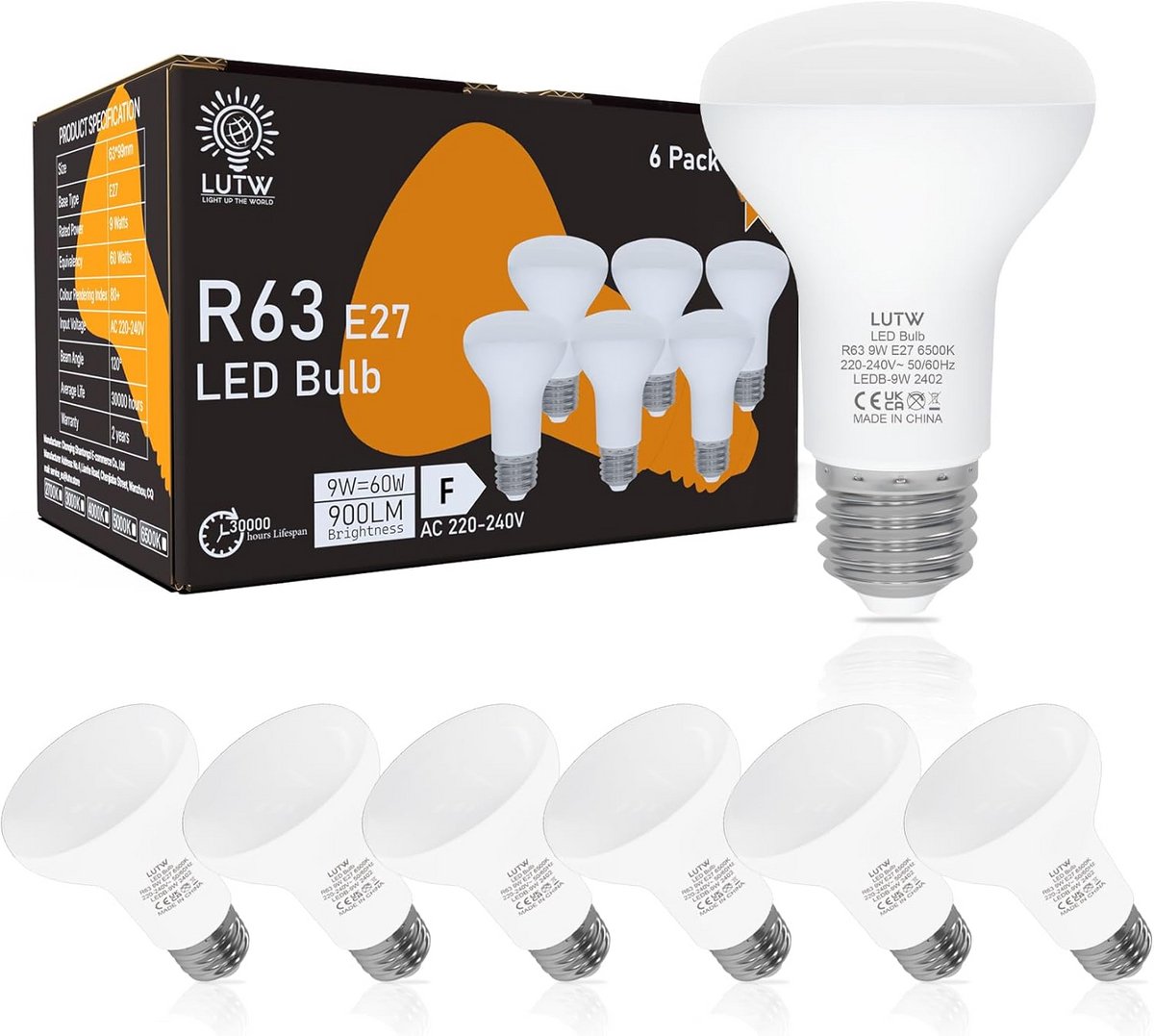 R63 E27 LED Lamp 9W Warm Wit 3000K - Energiezuinige Spot - 60W Equivalent - 900LM - 120° Stralingshoek - Verpakking van 6