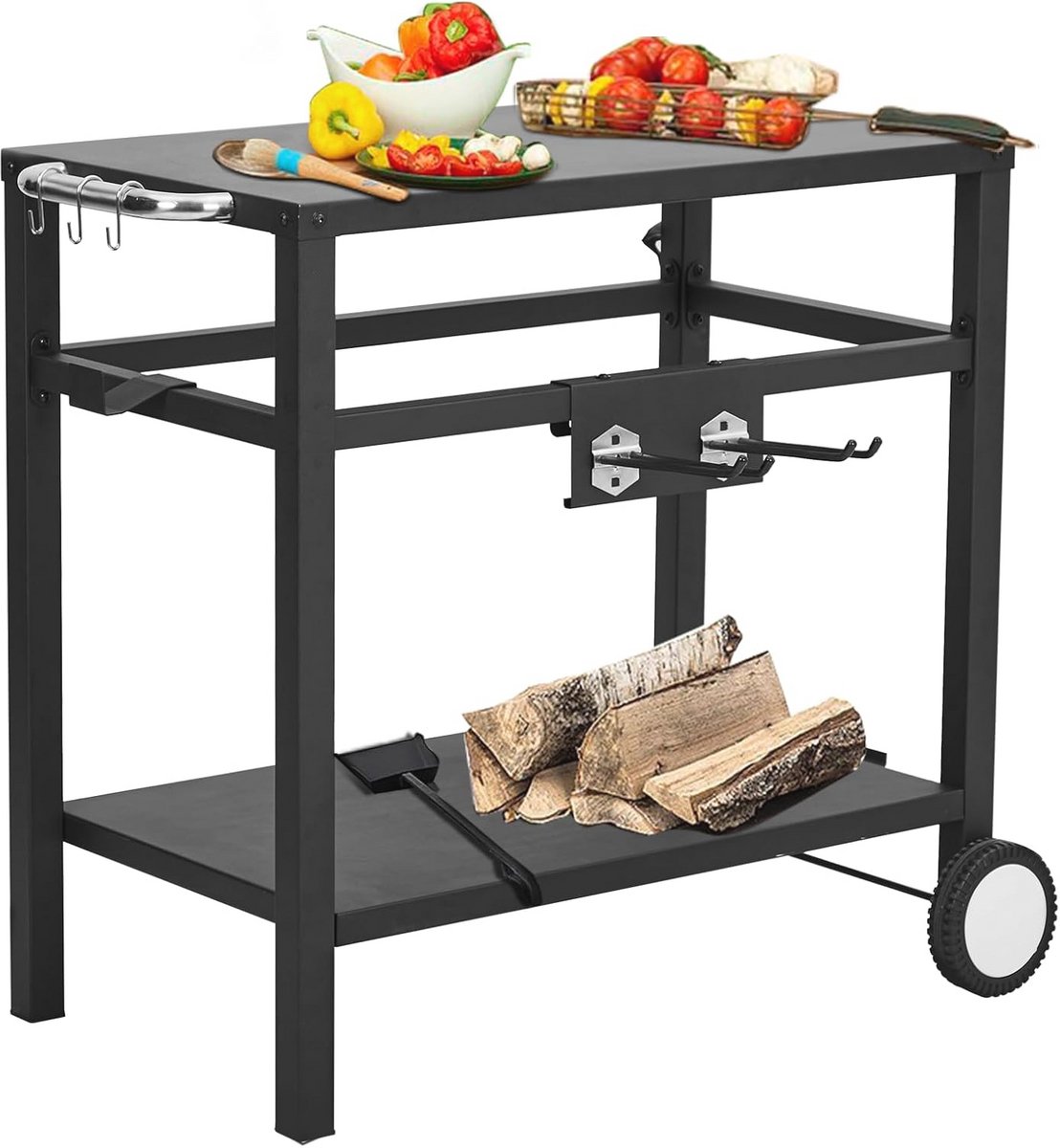 Multifunctionele Eetwagen voor Buitengrill - Beweegbare Kooktafel met Haken en Wielen