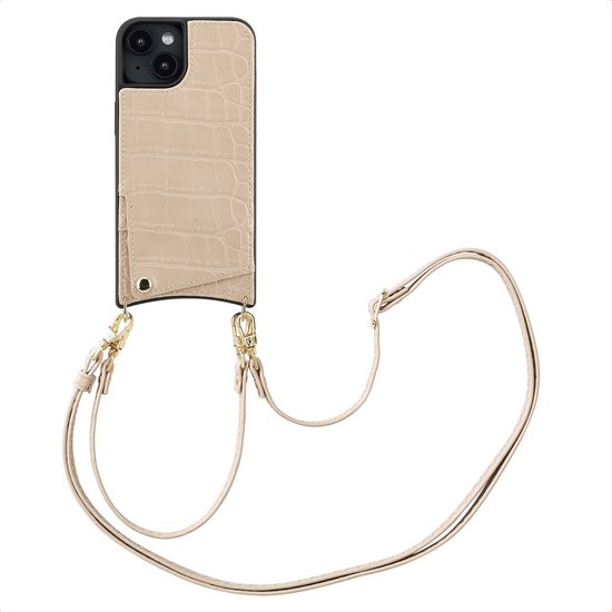 Étui Selencia pour iPhone 14 Étui avec porte-cartes - Selencia Nova Croco Coque arrière avec cordon et porte-cartes - Beige