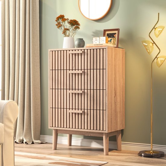 Commode met 4 lades, moderne houten ladekast voor slaapkamer, woonkamer en hal, 60x34x91cm (Natuurlijke houtkleur, 4 lades)
