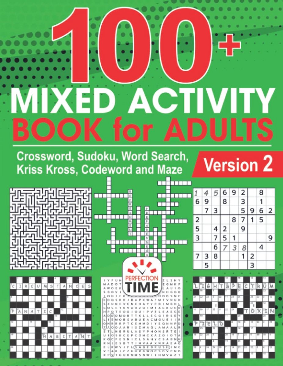 100+ Activiteitenboek voor Volwassenen: Kruiswoordpuzzels, Sudoku, Woordzoeker en Meer