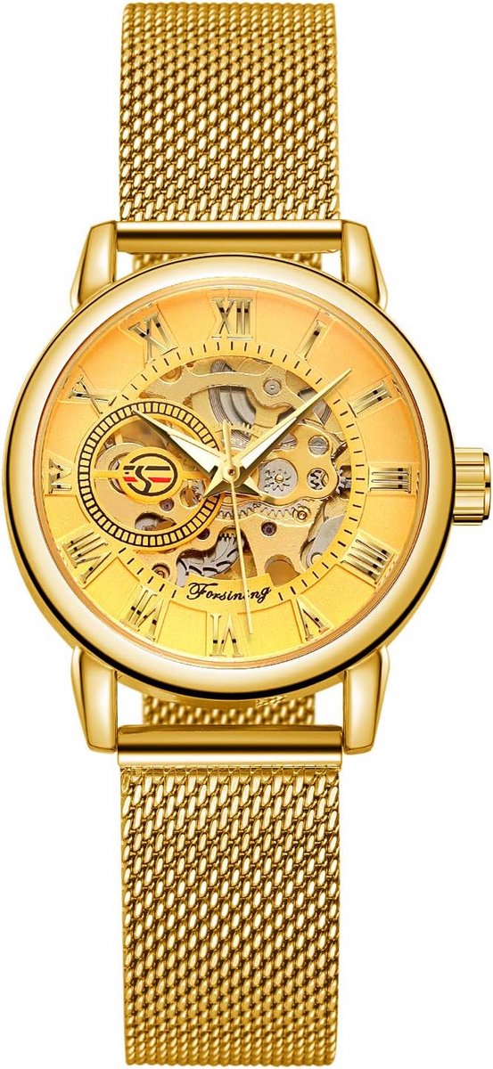 Elegante Mechanische Dameshorloge met Skelet Wijzerplaat en Gevlochten Stalen Band - 32mm