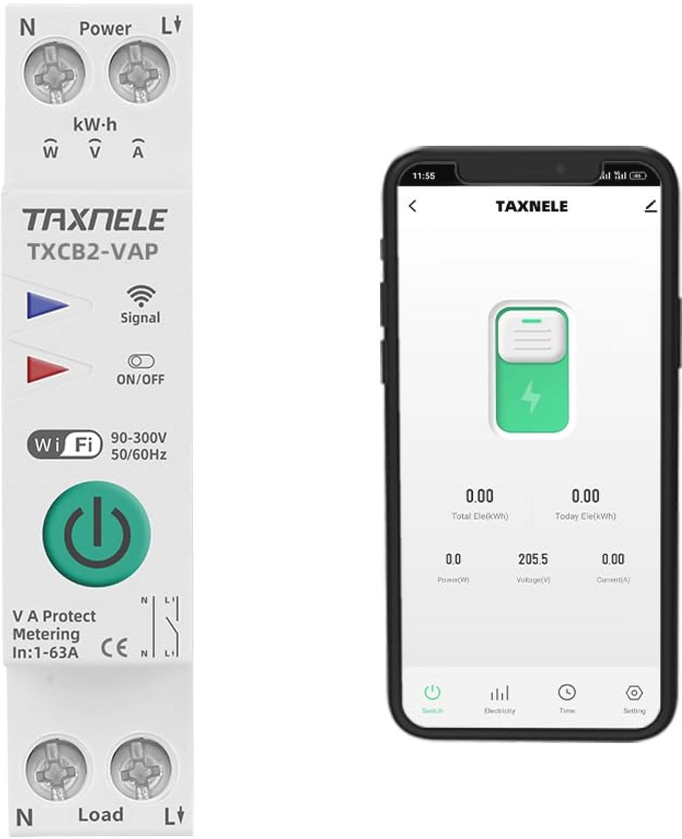 Slimme WiFi Circuit Breaker met Energie Meting en Afstandsbediening - 1P 63A