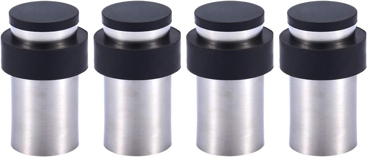 Cilindervormige Roestvrij Stalen Deurstopper met Rubber - Vloer- en Wandmontage 4-Delig