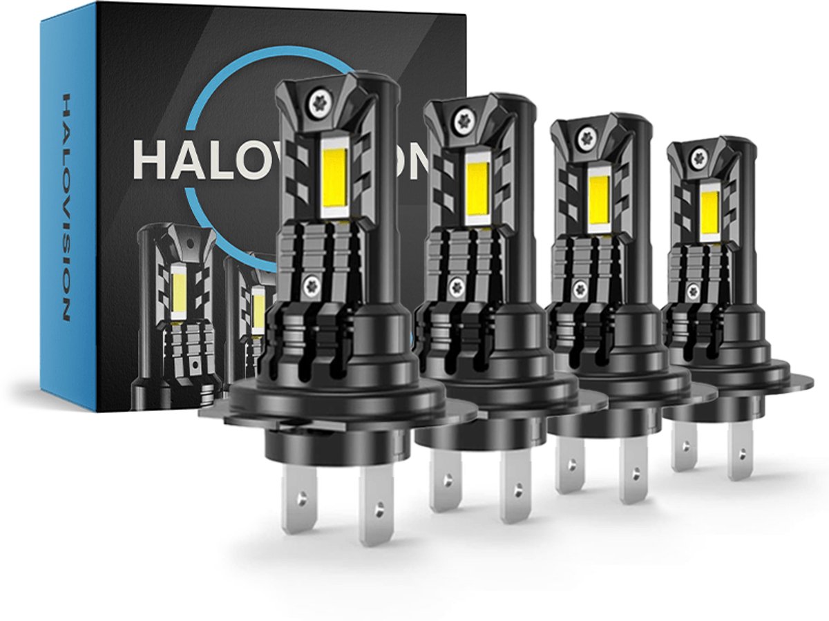 HaloVision Turbo LED Groot Licht + Koplampen H7 – 25W 5000Lm 6000K Helder Wit – Canbus Plug en Play Dimlicht + Grootlicht LED Set van 4 Autolampen