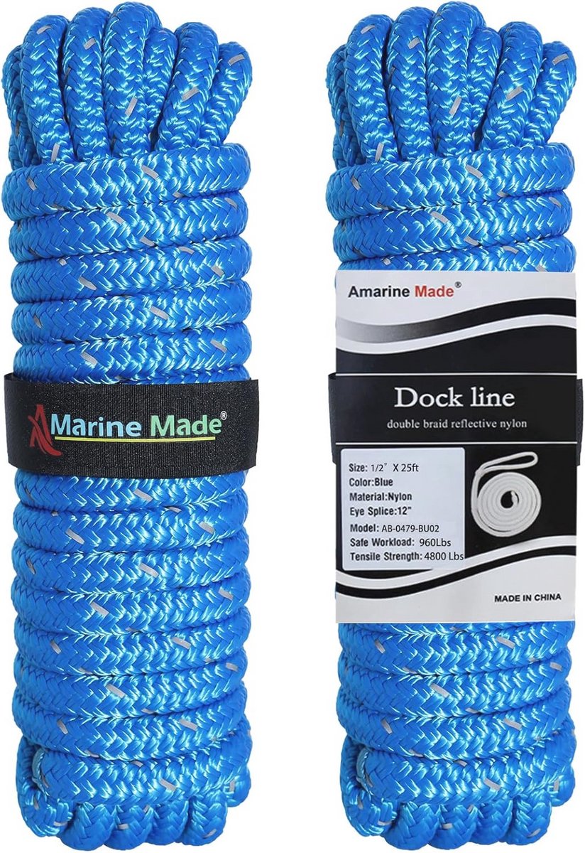 Dubbele Gevlochten Reflecterende Nylon Docklijnen 25ft 1/2"