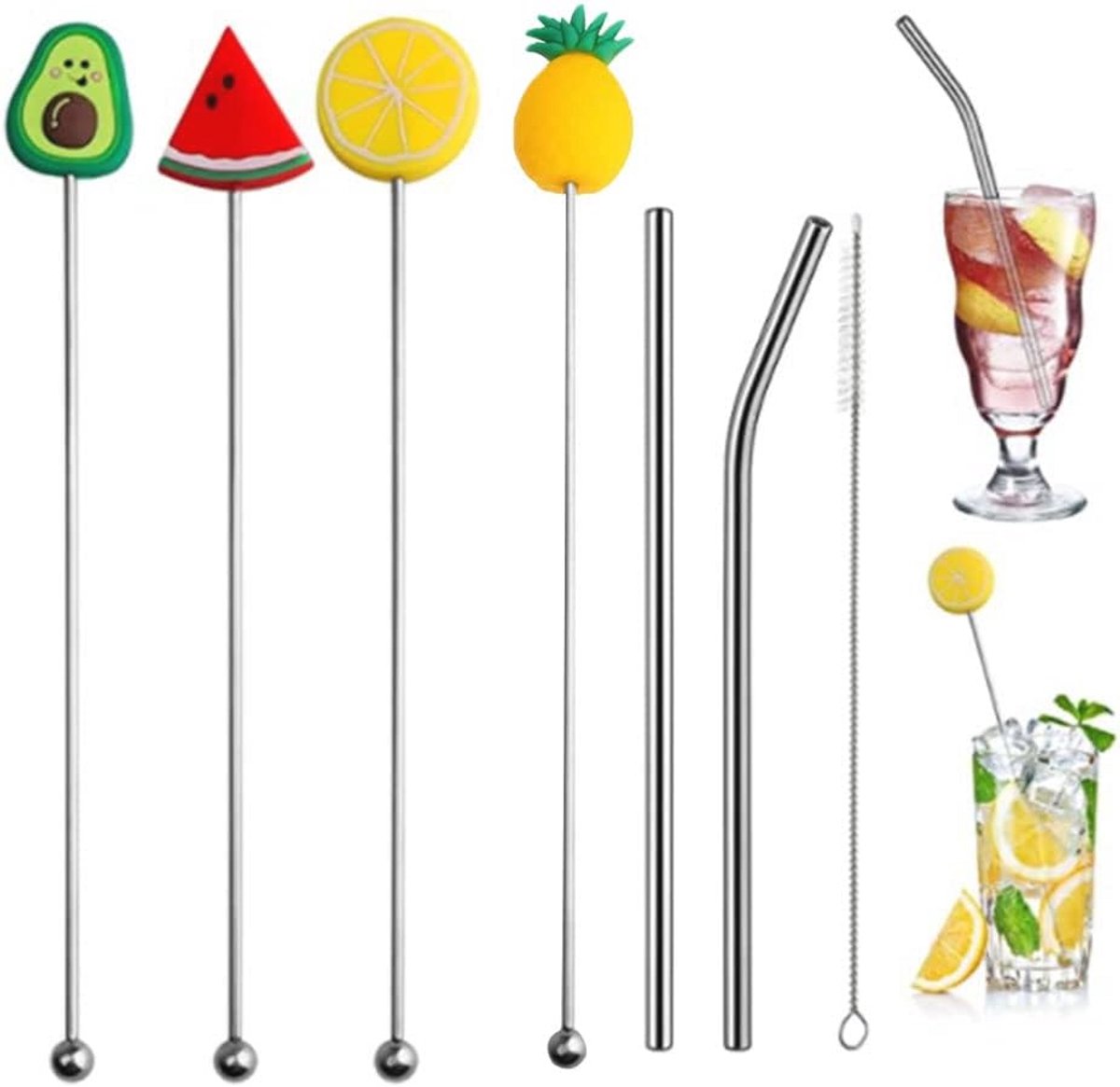 Cocktailroerders en Rietjes Set - 7 Stuks Roestvrij Staal voor Thuis en Bar