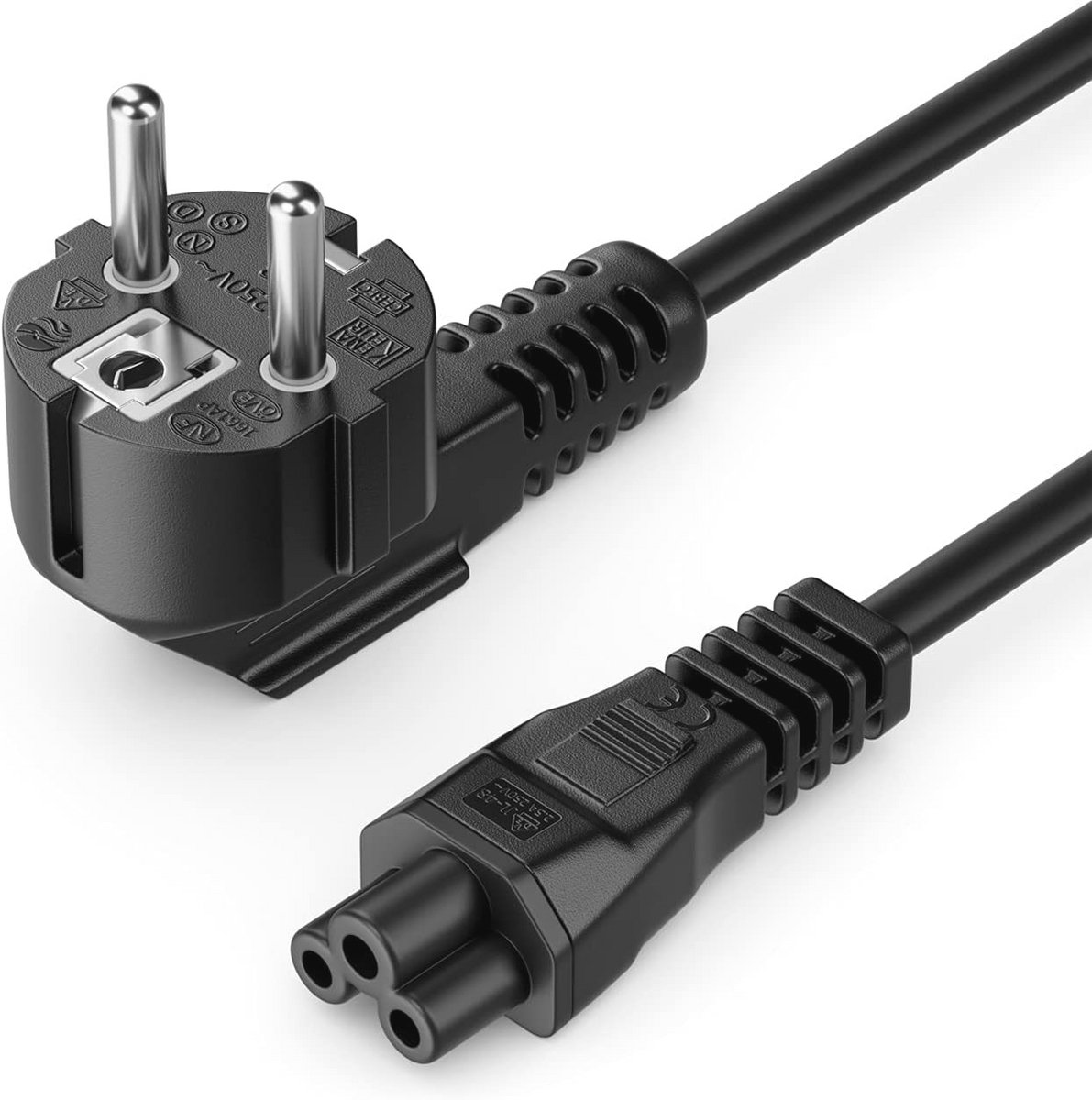 3,0m Voedingskabel Stroomkabel Type F met 90° Hoek naar IEC C5 - Geschikt voor TV, Monitor, Laptop - Zwart