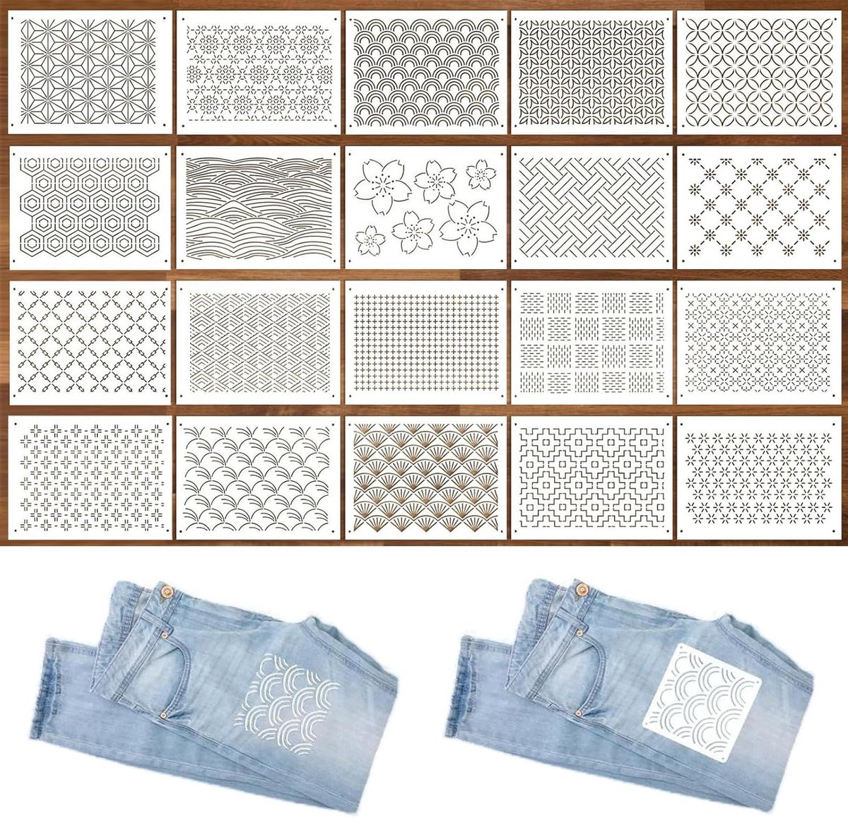 Allecta - Sashiko Stencilset met 20 geometrische patronen voor handquilten en textielvormgeving