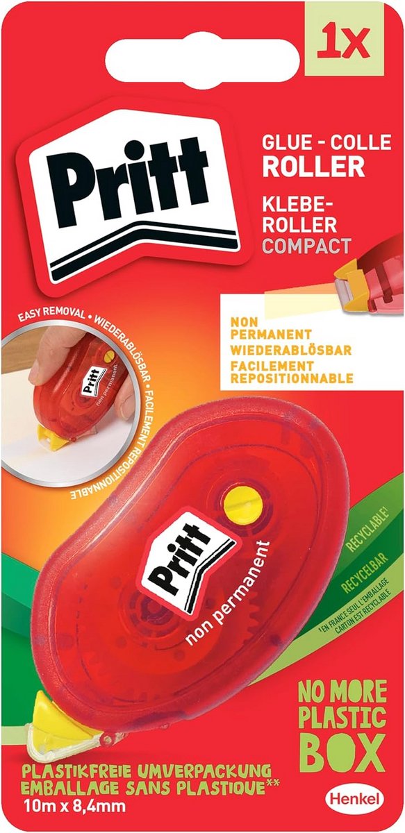 Compacte niet-permanente kleefroller voor papier en karton - 10 m lengte, 8,4 mm breed