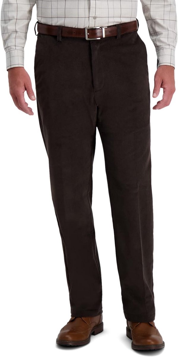 Heren Corduroy Classic Fit Flat Front Broek met Uitbreidbare Tailleband, Espresso, 36W / 34L