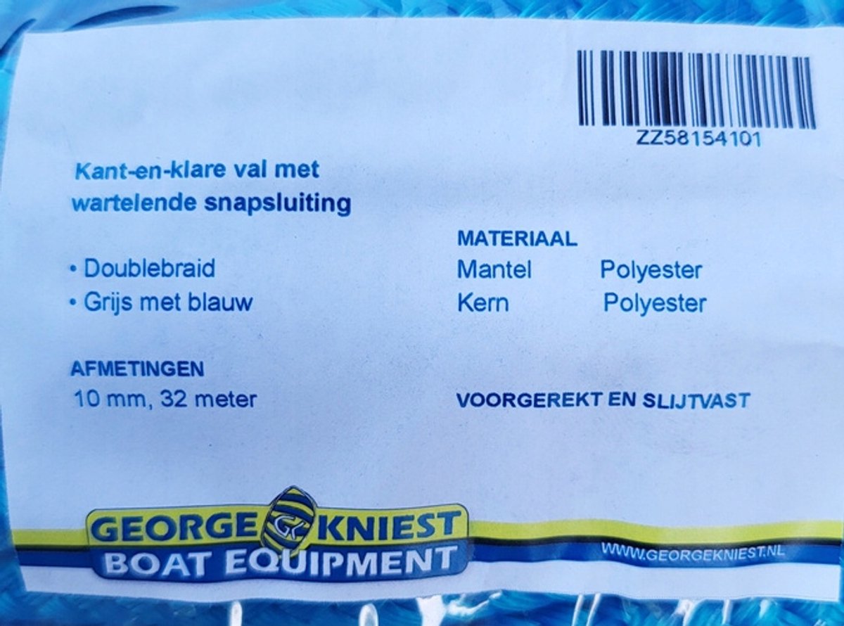 Blauw Polyester Zeilval 10mm/32m met RVS Karabijnhaak