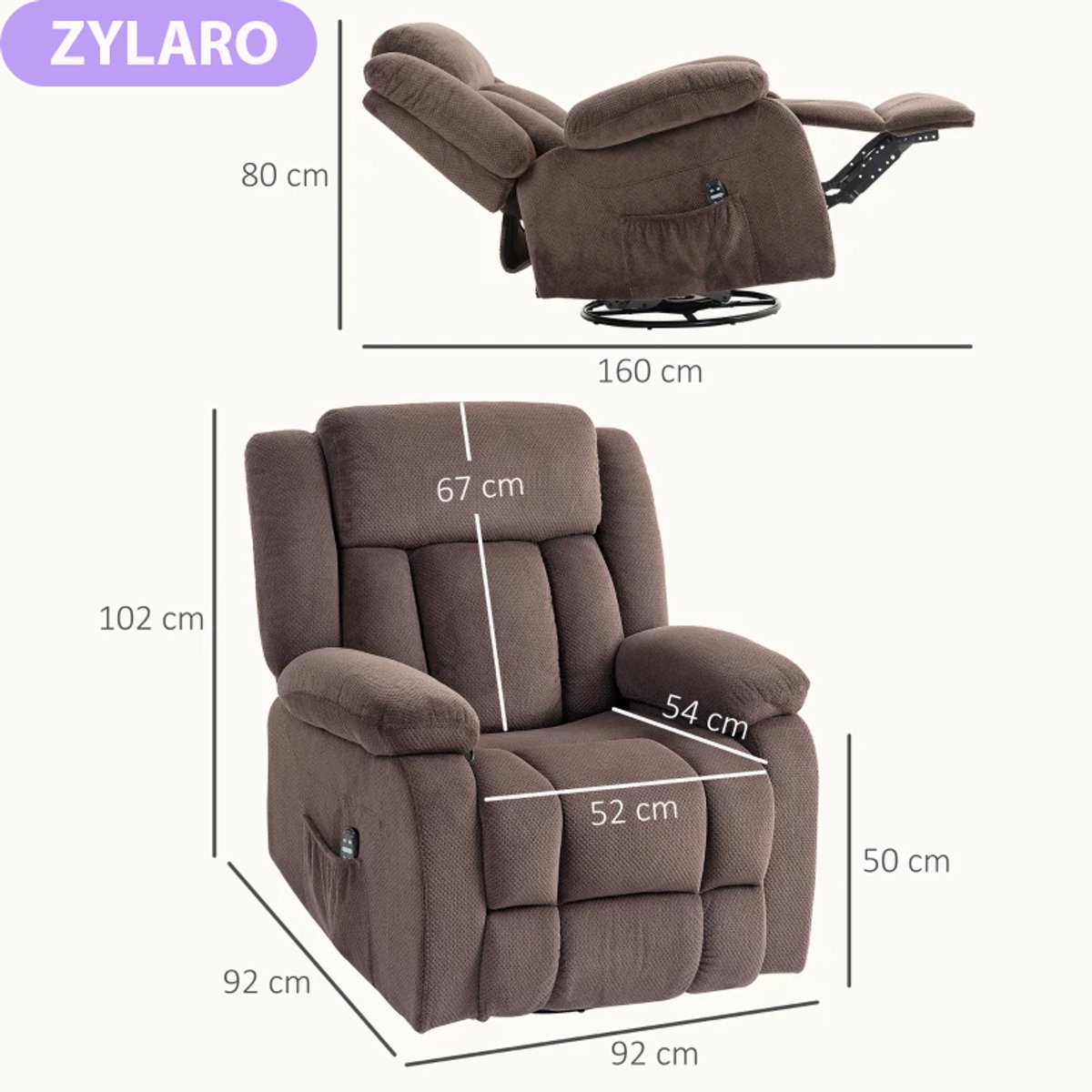 Elektrische Massagestoel - Power Massagefauteuil - 5 Massagestanden - 150 Graden Kantelbaar - Draaibaar - met Massage & Verwarming - met Afstandsbediening - Relaxfauteuil - TV Stoel - Bruin – foto 4