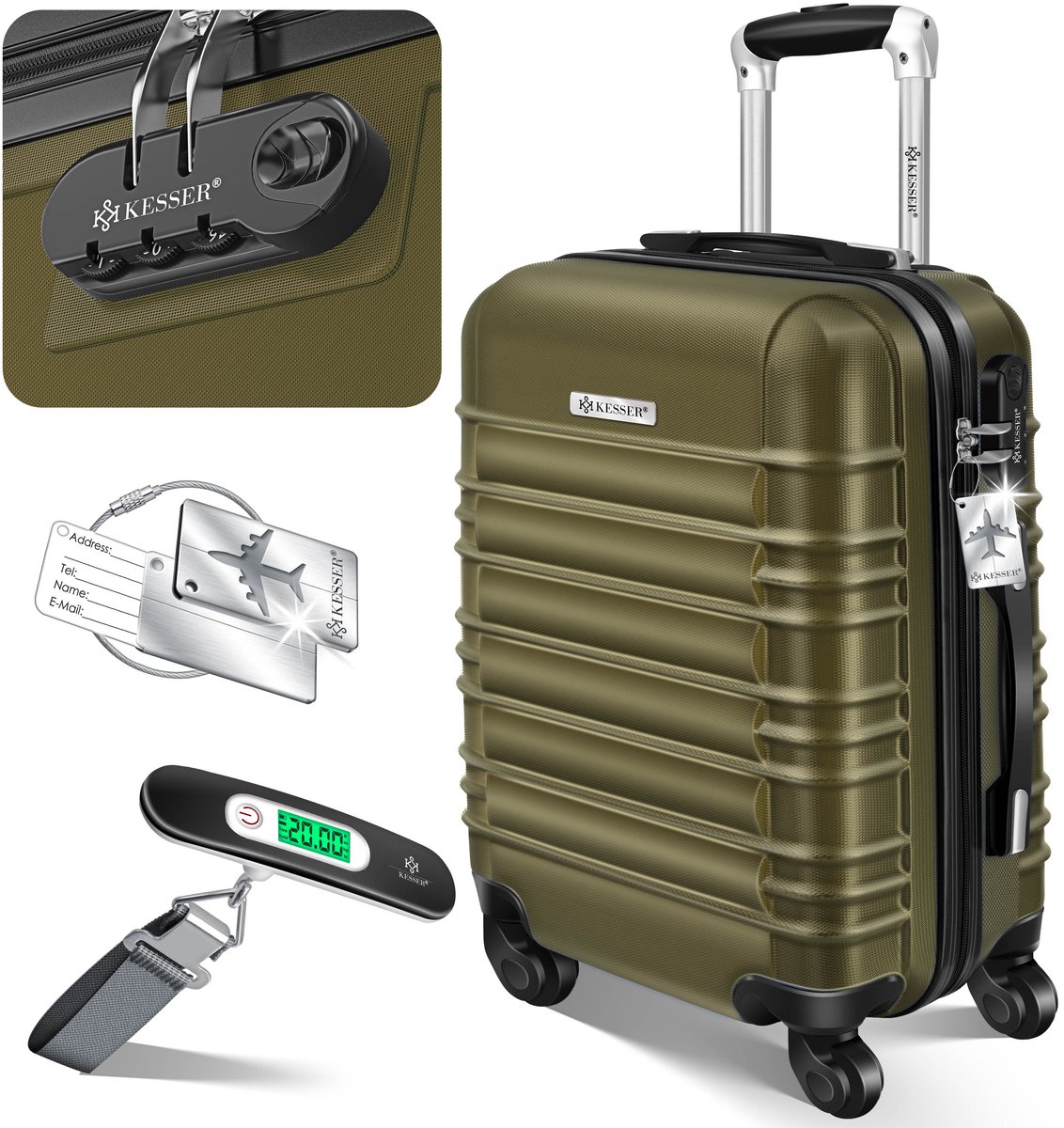 KESSER® Reiskoffer met harde schaal, incl. kofferweegschaal bagagelabel, trolley-rolkoffer met cijferslot en 4 wielen, ABS hardshell, telescoopgreep, zwart, 75cm – 120L