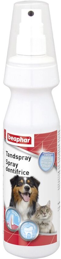 Beaphar Tandspray, fles met rode opdruk, hond en kat afgebeeld, met tandillustraties en 'Friese' tekst.