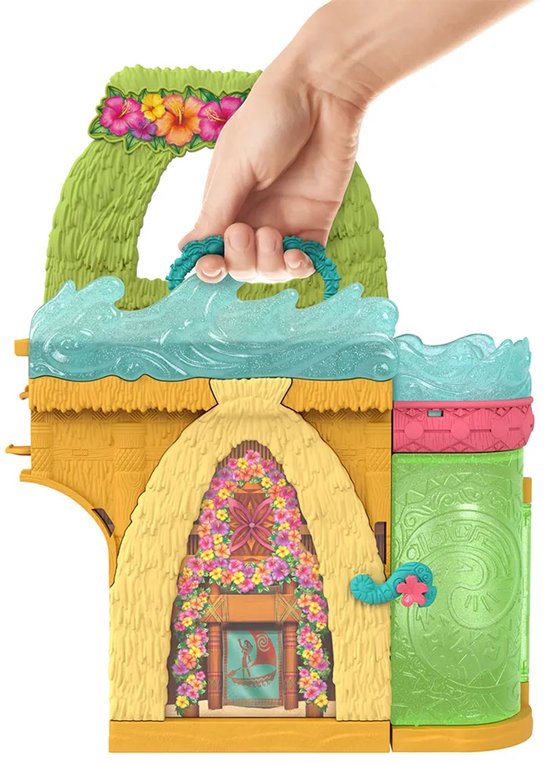 Speelgoedhuisje van Vaiana met handvat, versierd met bloemen en golven.