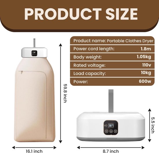 TAZZOR Mini-droger, 600 W, met 1-8 uur timing, afstandsbediening en uv- sterilisatie, draagbare droger, 10 kg, warmtepompen, kledingdroger en droger, klein
