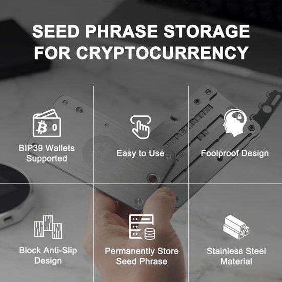 Veilige Crypto Seed Phrase Opslag - Roestvrij Stalen Back-up voor Bitcoin Portemonnees - 3 Platen voor 24 Woorden - Compatibel met BIP39 Hardware Portefeuilles — afbeelding 3