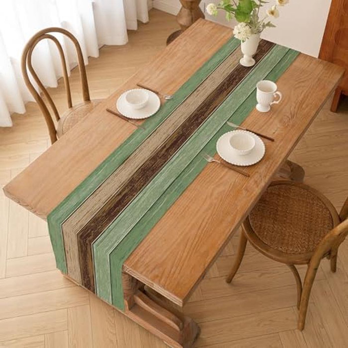Saliegroen Tafelloper van Antiek Rustiek Hout - Moderne Keuken Decoratie 40 x 140 cm