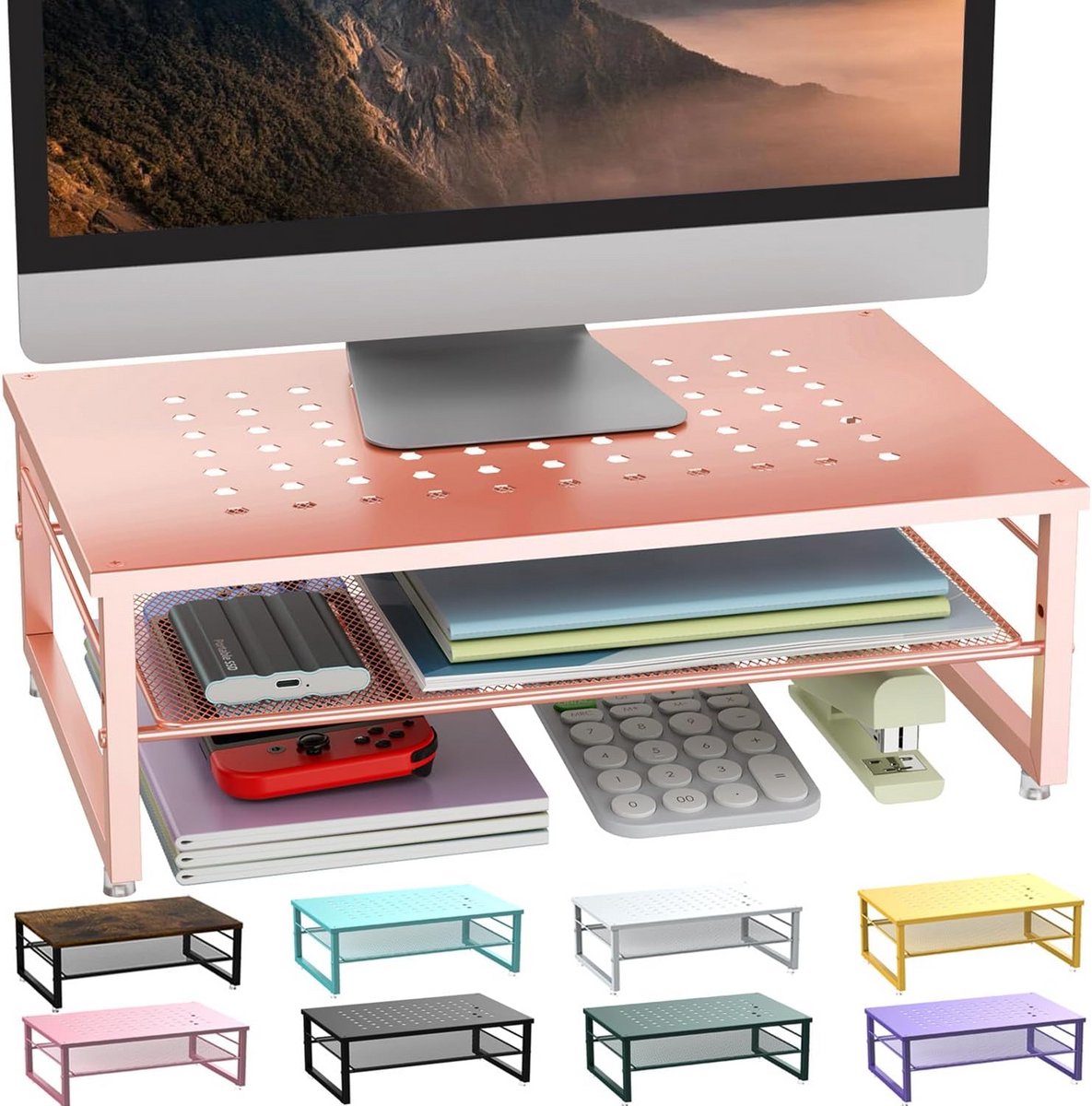 Metalen monitorstandaard met 2 niveaus voor kantoorbureau - bureau-organizer in roségoud