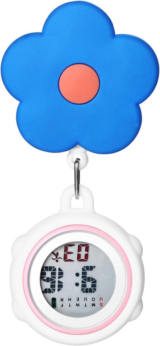 Verpleegstershorloge siliconen band met bloemenpatroon - analoog kwartsuurwerk met seconde wijzer en stopwatch - met clip en afneembare ketting