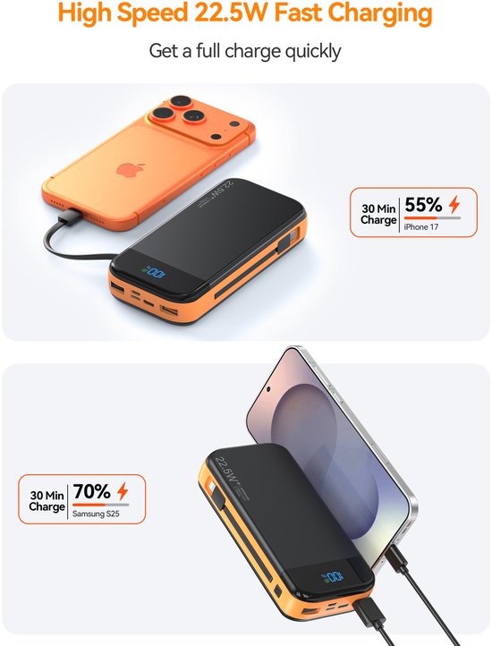 Sounix Powerbank 30 000 mAh avec câbles - Lightning, USB A, USB C & Micro USB - Chargeur rapide 22,5 W et affichage LED de la batterie - Convient pour iPhone & Samsung - Zwart/ Oranje