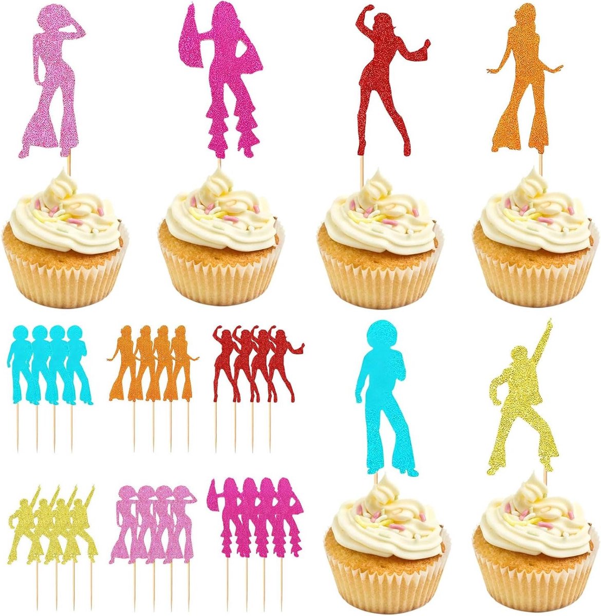 Ronte - Cupcake toppers voor discotaart - 24 stuks - Muziekthema - Verjaardagsfeest.