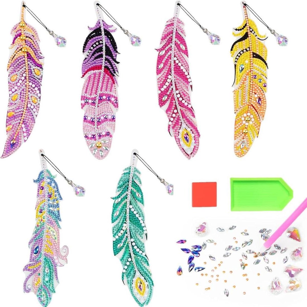 Ronte - Knutselset Bladwijzer met Diamantbeschilderde Veer - Diamond Painting Cadeau voor Meisjes - Creatief Speelgoed vanaf 6 Jaar - Set van 6 Stuks.