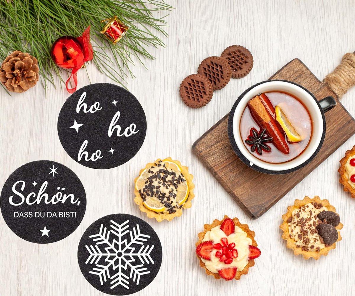 12 Vilt Onderzetters Rond Grijs - Tafeldecoratie met 6 Kerst/Feestelijke Ontwerpen