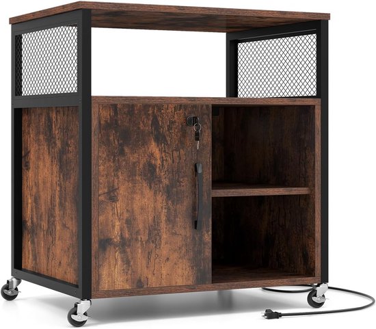 Industriële Stijl Kantoor Meubel LEMROE Mobiele Archiefkast Met Afsluitbare Lade & Oplaadstation - Industriële Stijl Kantoorarchiefkast Verrijdbaar Opbergmeubel